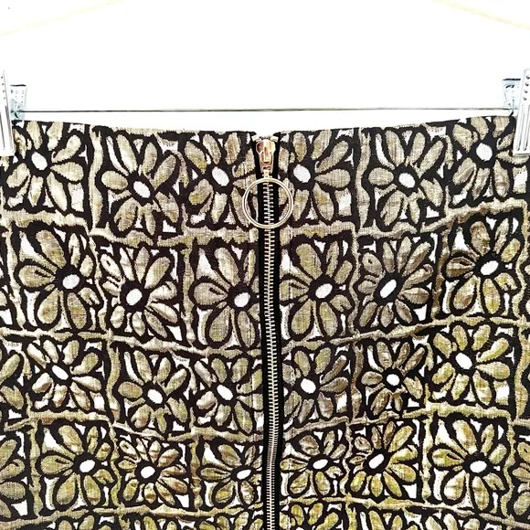 J. McLaughlin Perita Mini Skirt Vintage Daisy Gold Metallic Brocade Zip Front - Picture 7 of 14